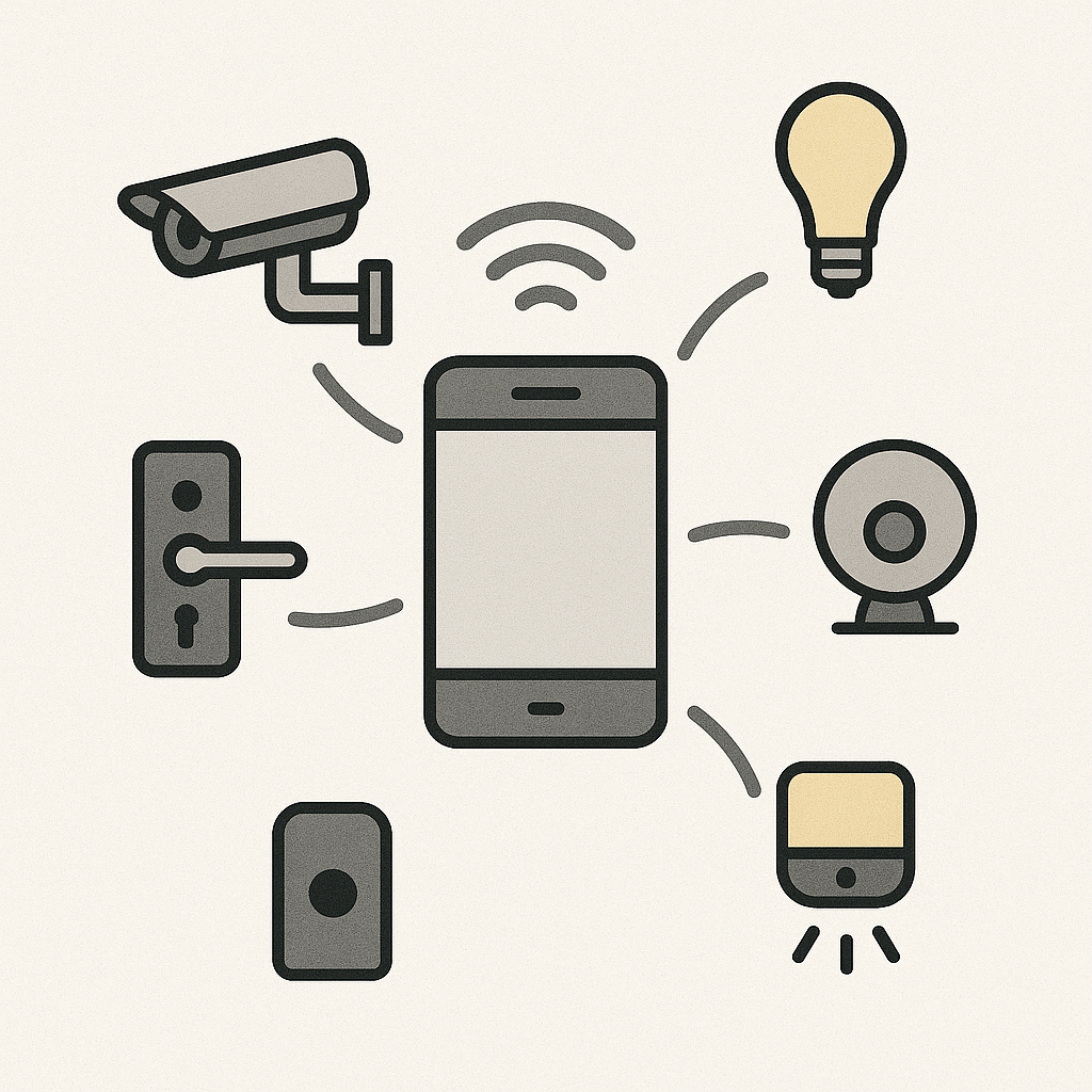 スマート防犯デバイスがIoTで連携するイメージ図
